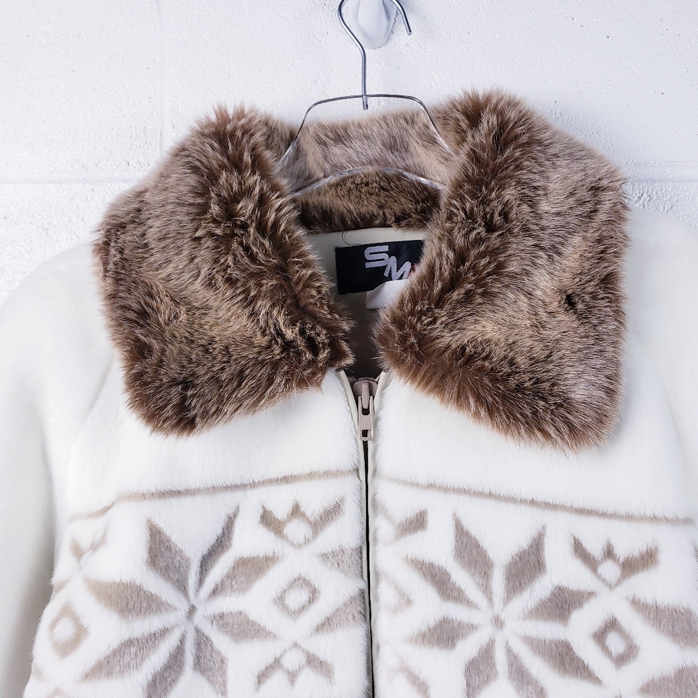 SM2 Faux Fur Penny‎ Lane Style Coat White Brown Nordic Print Women's Size Large - Picture 4 of 10
